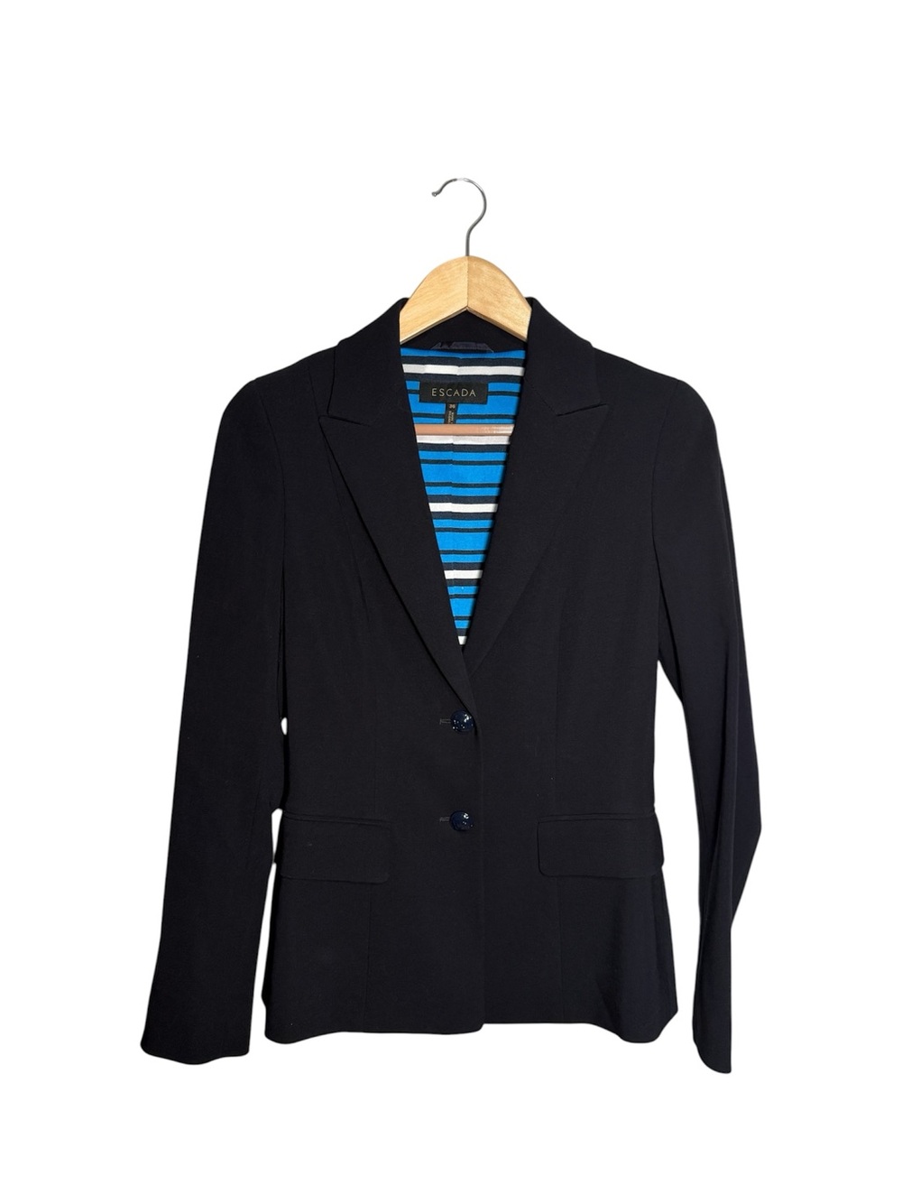 Escada Tailored Two Button Blazer Navy Blue Striped Lining Luxury Size 36 US 6